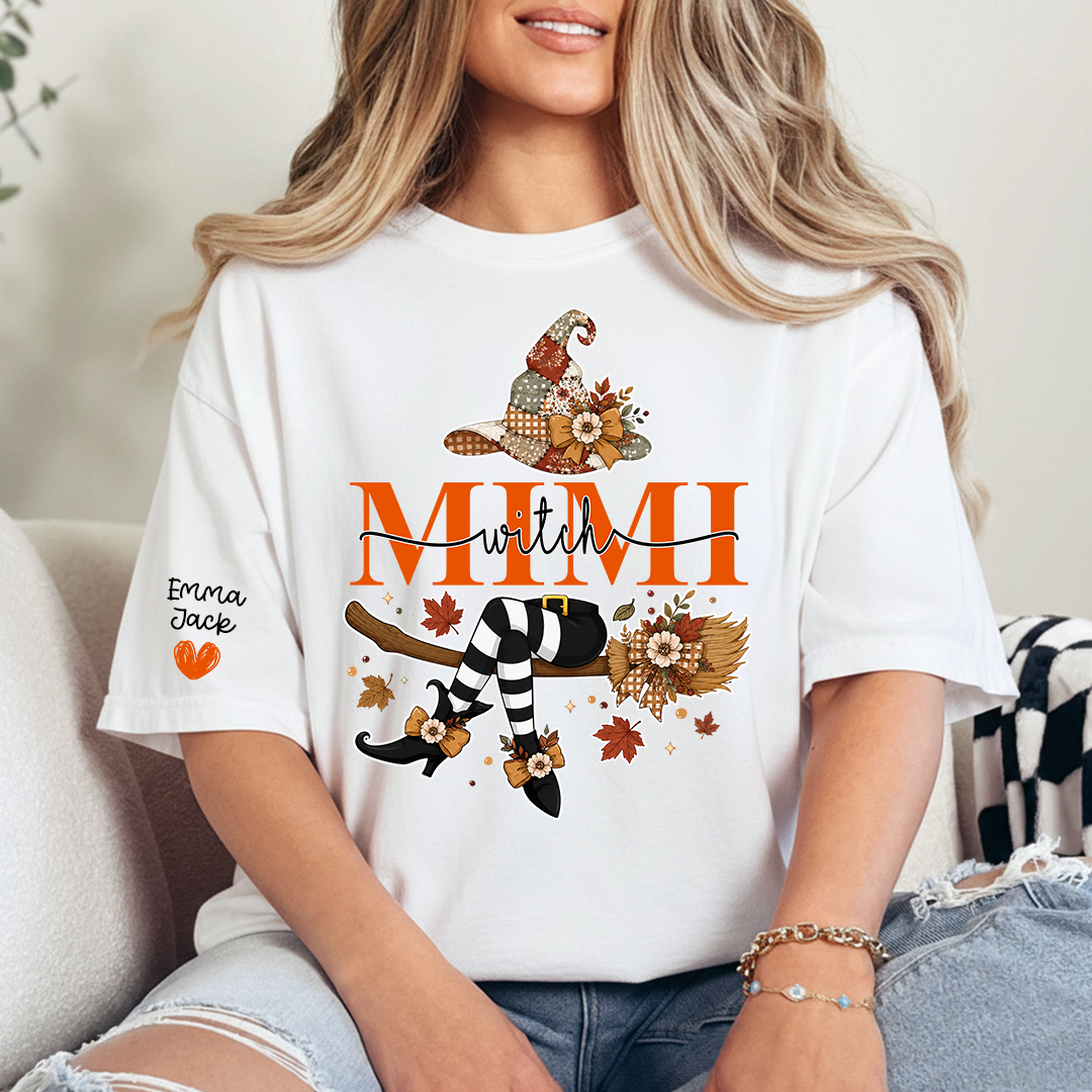 Funny Mimi Witch Shirt, Fall Halloween Grandma Graphic Tee, Personalized Family Names T Shirt, Cozy Autumn Gift for Mimi