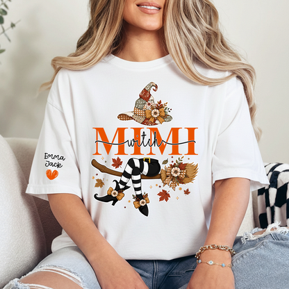 Funny Mimi Witch Shirt, Fall Halloween Grandma Graphic Tee, Personalized Family Names T Shirt, Cozy Autumn Gift for Mimi