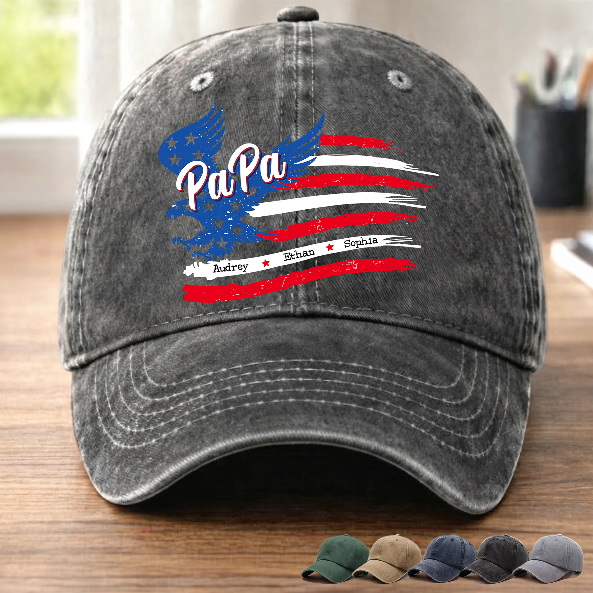 Personalized PaPa American Flag Hat for Grandpa, Custom Kids Names Patriotic Eagle Cap, Fathers Day Gift for Papa Grandfather Birthday Present for Men