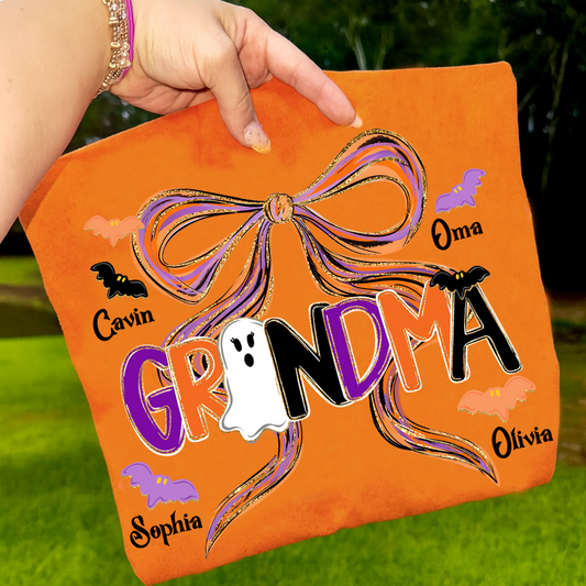 Comfort Colors® Personalized Halloween Grandma T-Shirt, Cute Ghost & Bat Design with Grandkids' Names
