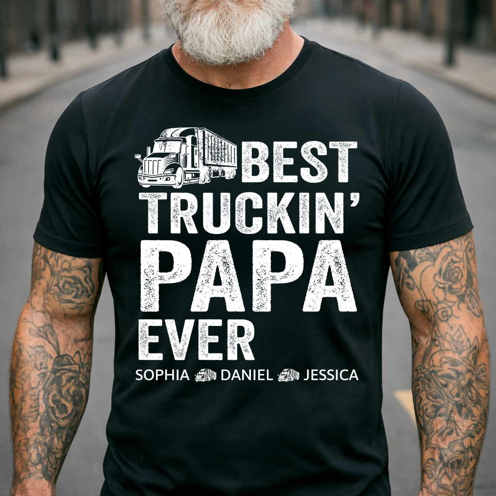 Custom Papa Truck Driver Shirt with Kids Names, Best Truckin' Papa Ever T Shirt, Personalized Family Gift for Trucker Dad