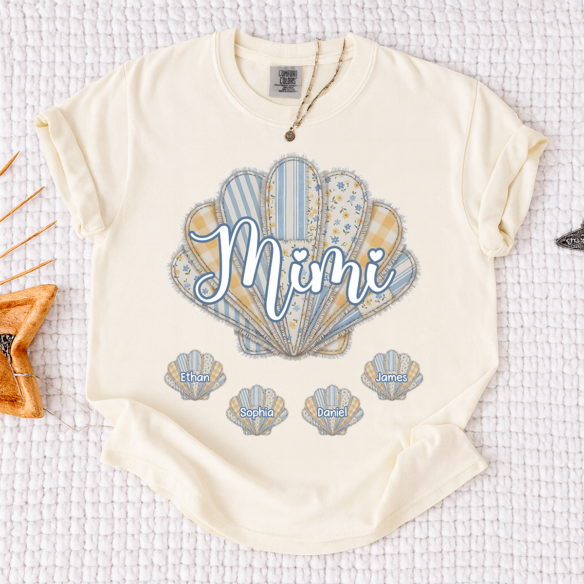 Comfort Colors Personalized Mimi Shirt with Grandkids Names, Custom Seashell Patchwork Graphic Tee, Beach Grandma Summer Family Shirt