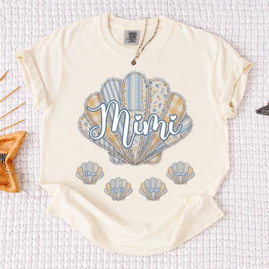 Comfort Colors Personalized Mimi Shirt with Grandkids Names, Custom Seashell Patchwork Graphic Tee, Beach Grandma Summer Family Shirt