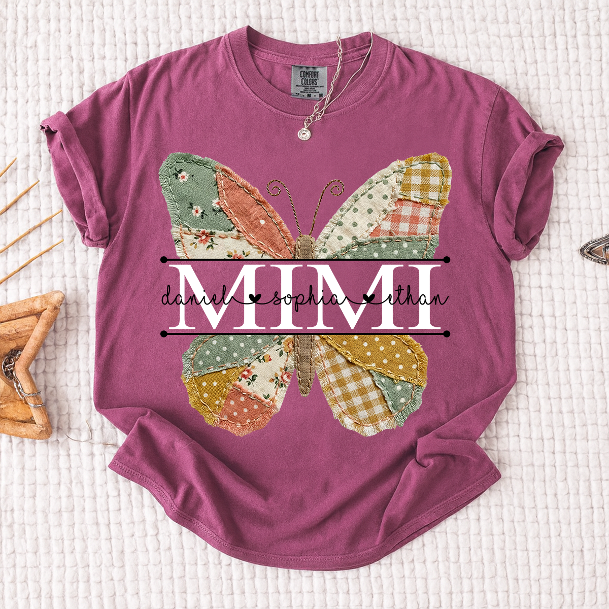 Comfort Mimi Butterfly Shirt, Custom Grandkids Names with Colorful Patchwork Butterfly Design