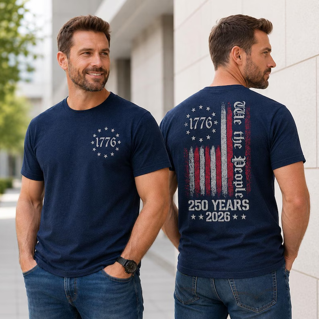 We The People 250 Years Shirt, Patriotic USA Flag Back Print Tee, 1776-2026 American Freedom T-Shirt, Vintage Independence Day Shirt for Men