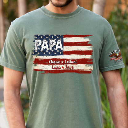 Custom Papa American Flag Shirt with Kids Names, Personalized Patriotic Papa T Shirt Family Gift