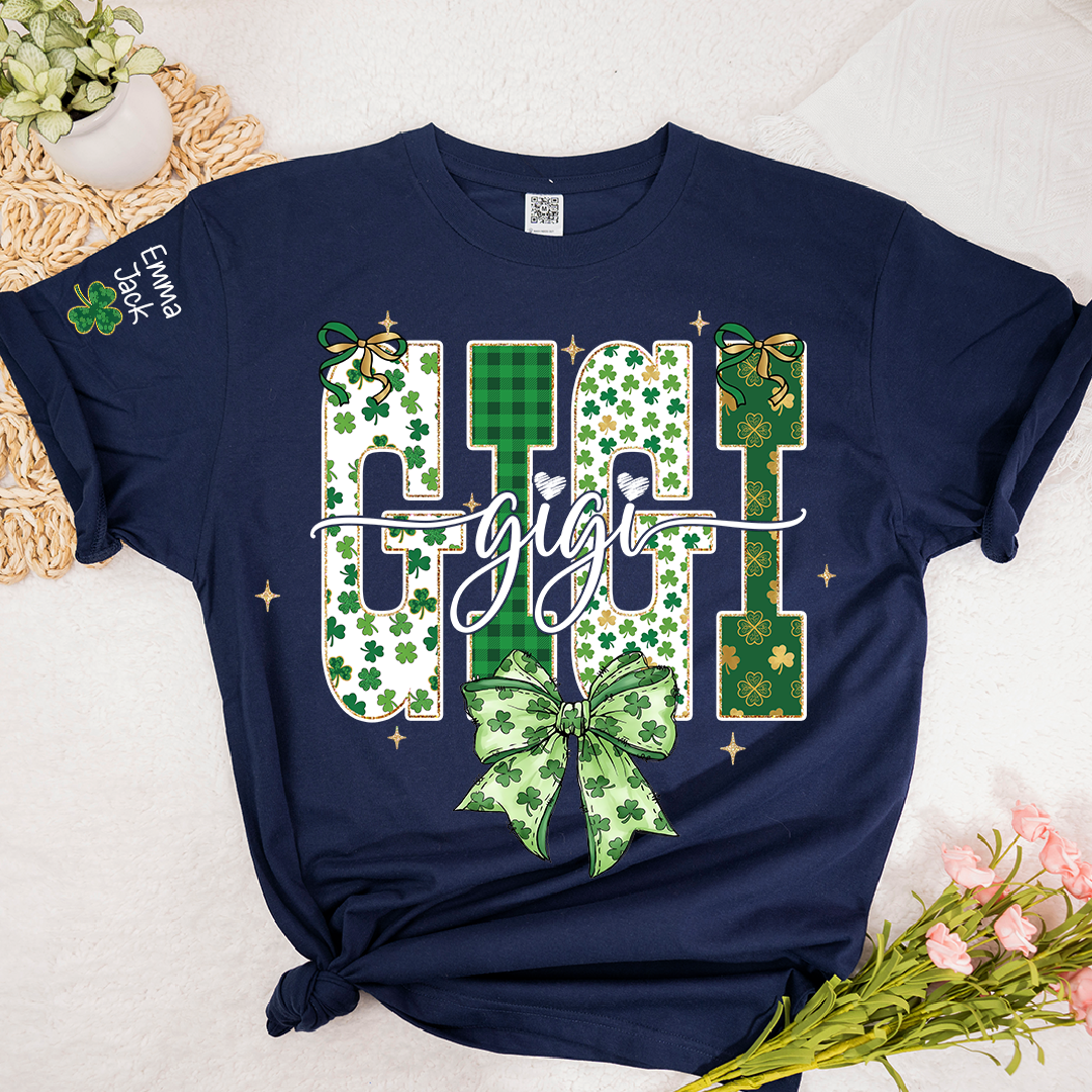 Lucky Gigi St Patrick’s Day T Shirt, Green Clover Bow Design, Gift For Grandma And Grandchildren