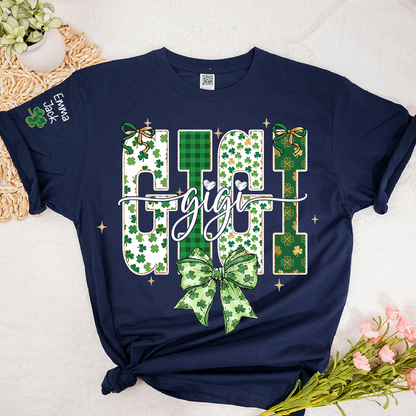 Lucky Gigi St Patrick’s Day T Shirt, Green Clover Bow Design, Gift For Grandma And Grandchildren
