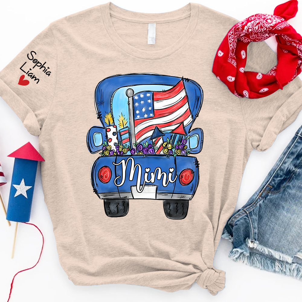 Mimi Shirt with Custom Names, Patriotic Pickup Truck Fireworks Graphic, Independence Day Family Matching Outfit