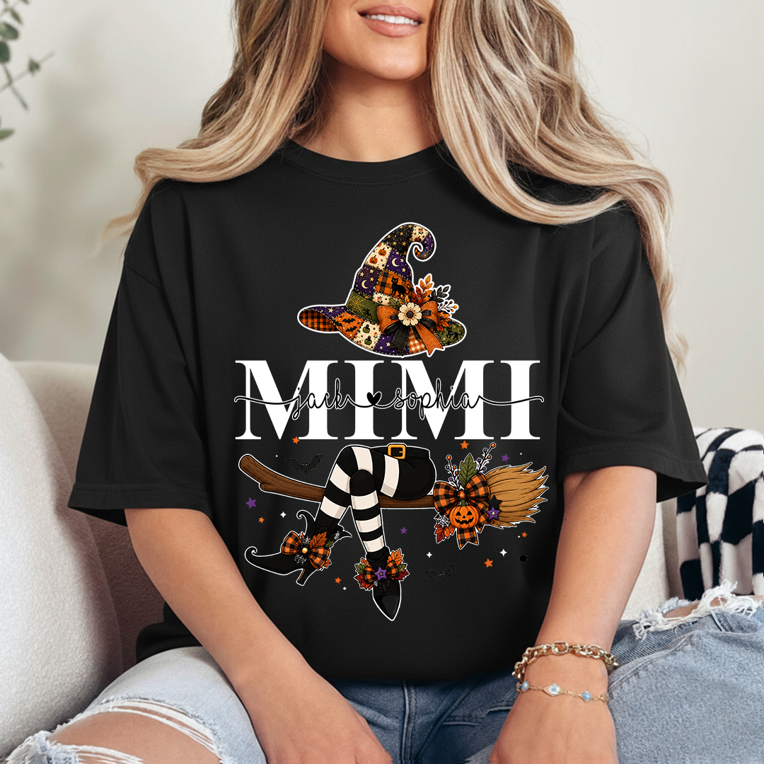 Mimi Halloween Witch Shirt for Women, Cute Fall Pumpkin Graphic Tee, Personalized Grandma T Shirt, Cozy Autumn Outfit Gift
