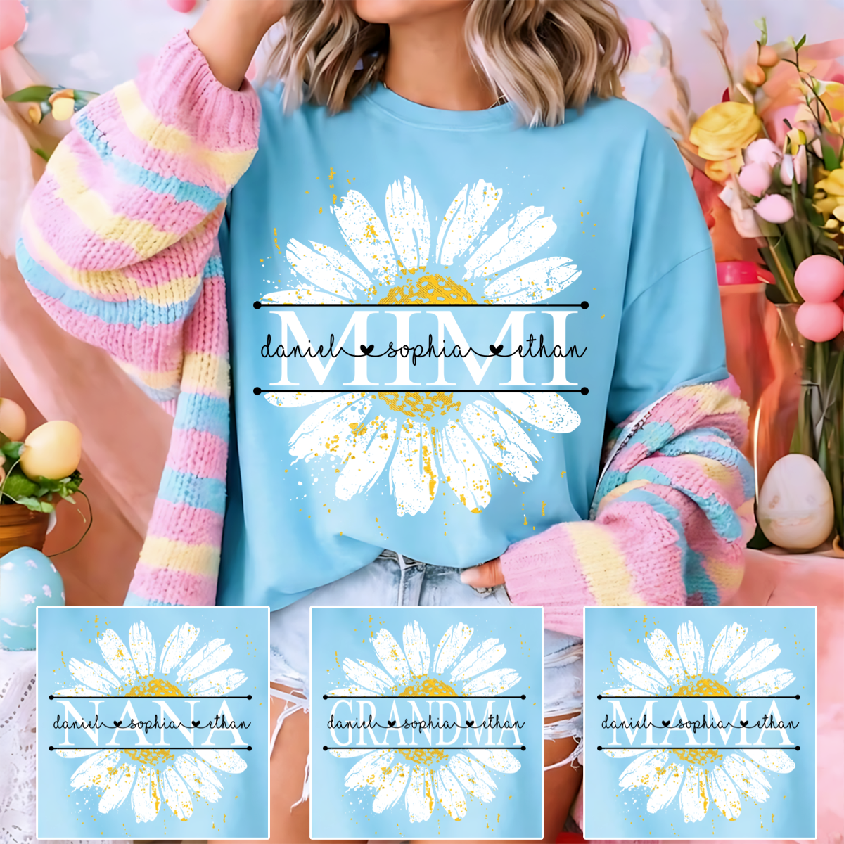 Comfort Personalized Mimi Shirt with Grandkids Names, Daisy Flower Graphic Family T Shirt