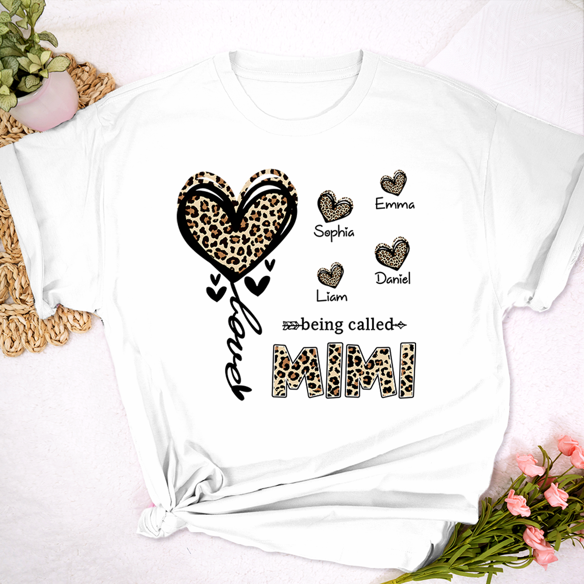 Personalized Mimi Grandma Shirt with Grandkids Names, Leopard Heart Being Called Mimi T-Shirt
