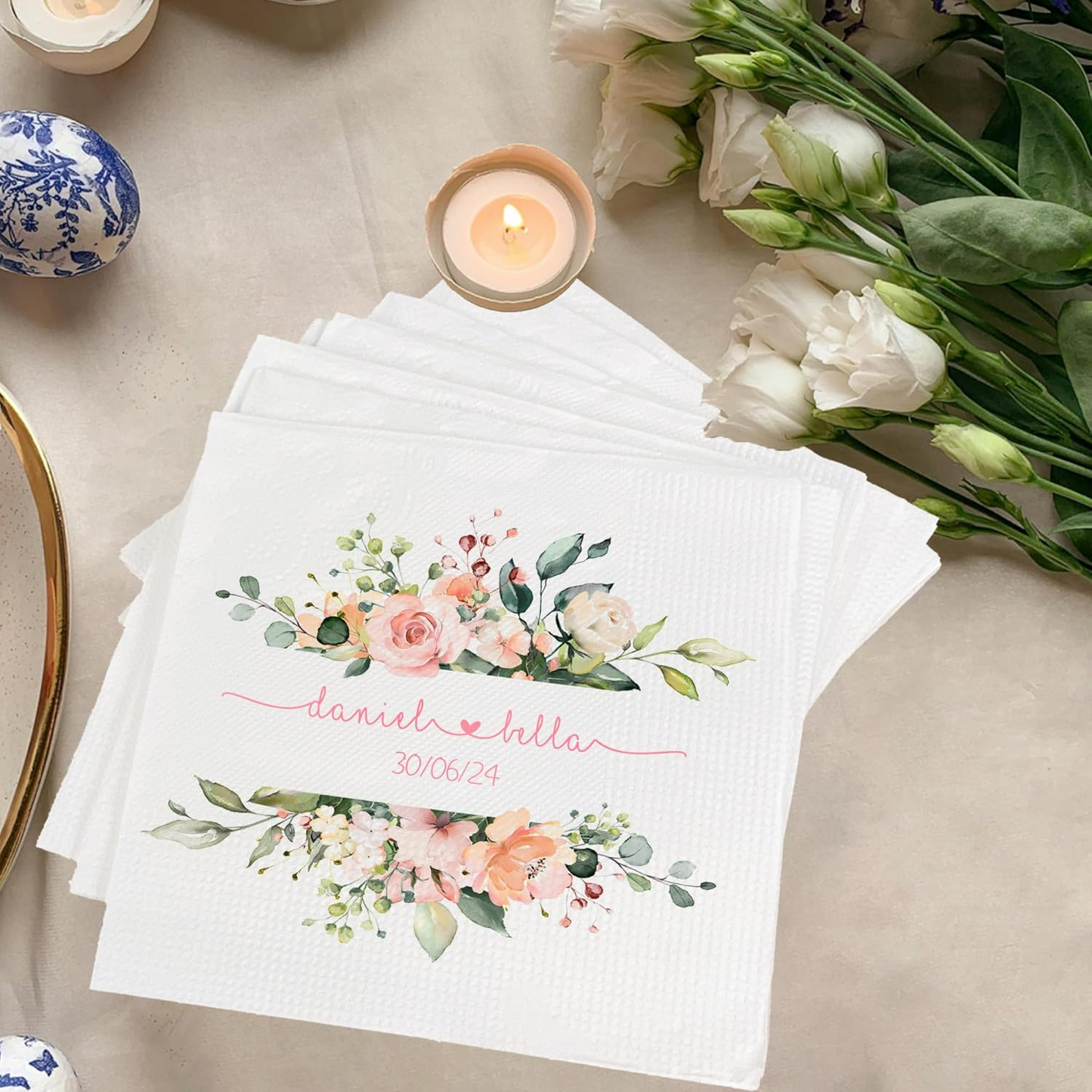 Elegant Floral Wedding Napkins with Personalized Names and Date - Perfect for Special Occasions