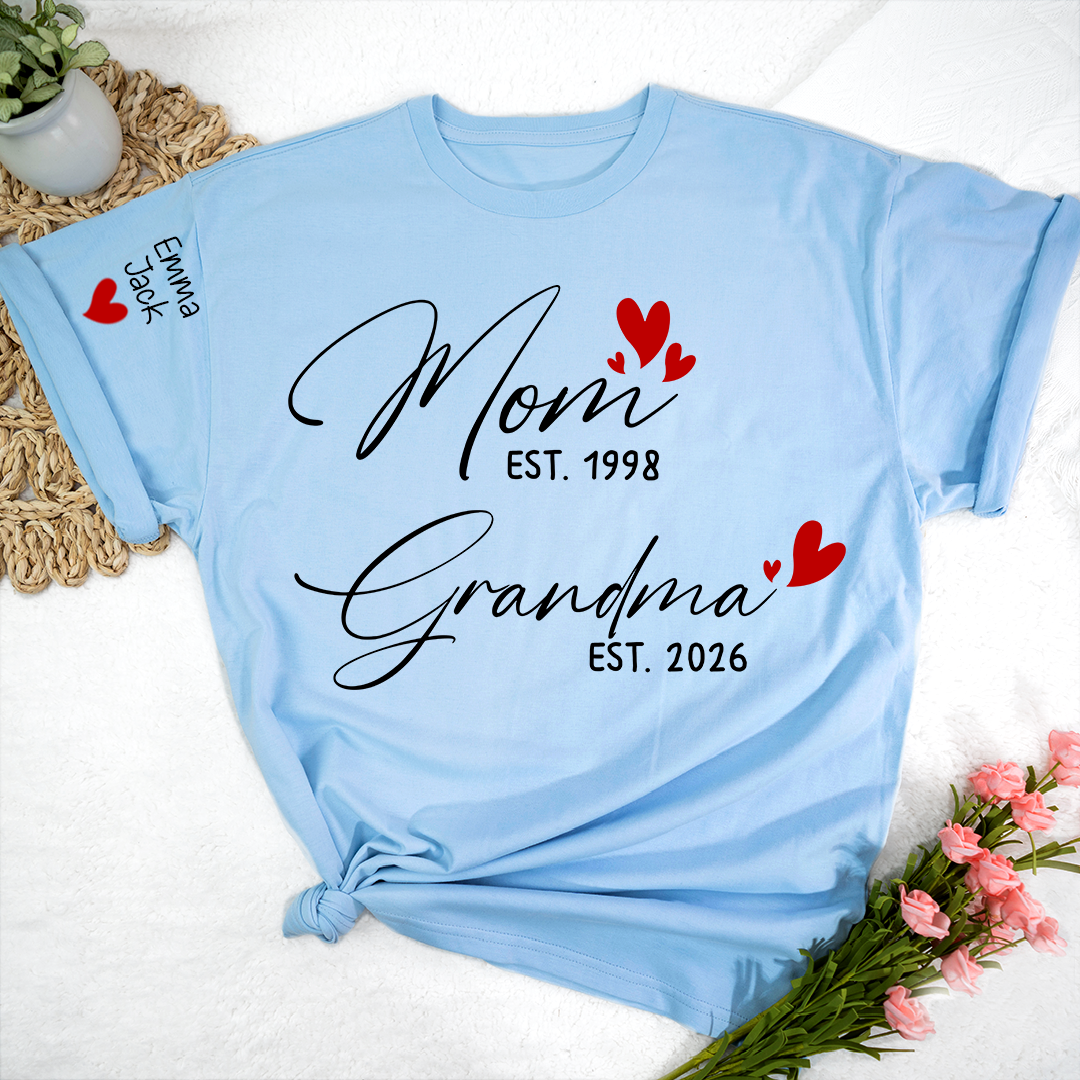 Personalized Mom and Grandma T-Shirt, Custom EST Year T-Shirt with Heart Design for Family