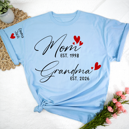 Personalized Mom and Grandma T-Shirt, Custom EST Year T-Shirt with Heart Design for Family