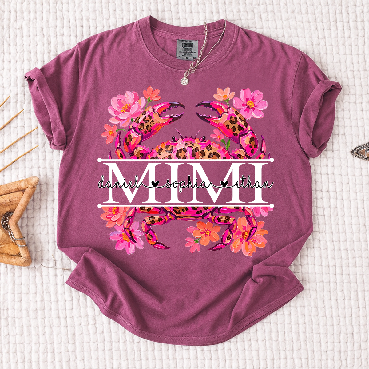 Comfort Colors® Personalized Mimi Crab Shirt with Grandkids Names, Custom Grandma Tee, Floral Leopard Beach Design T Shirt for Mimi Gift