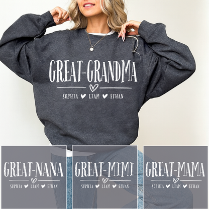 Personalized Great-Grandma Heart Sweatshirt, Customized Gifts for Grandma and Kids