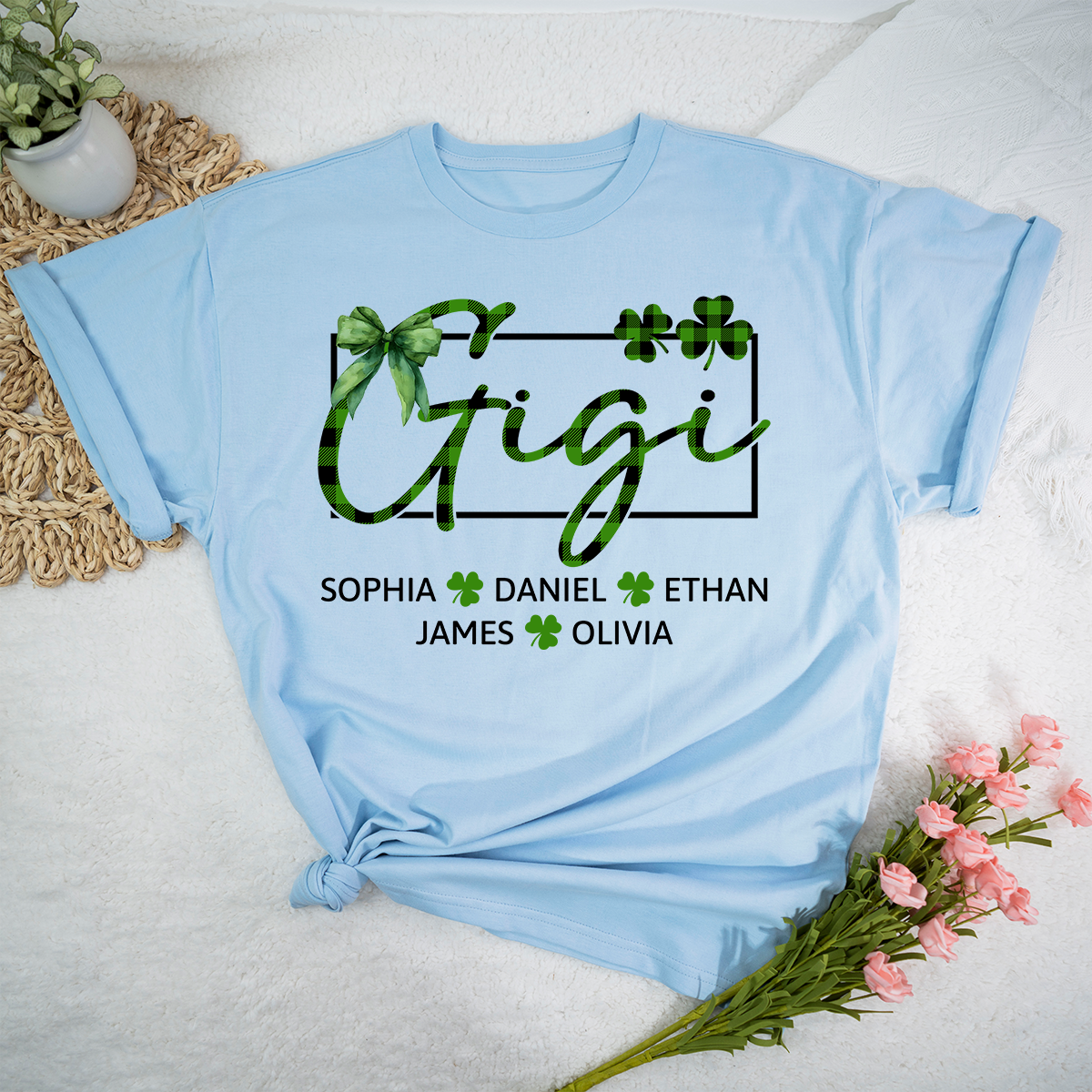 Personalized Gigi Family Shirt, Custom Names Shamrock Clover Tee, St Patrick’s Day Outfit for Gigi and Grandkids