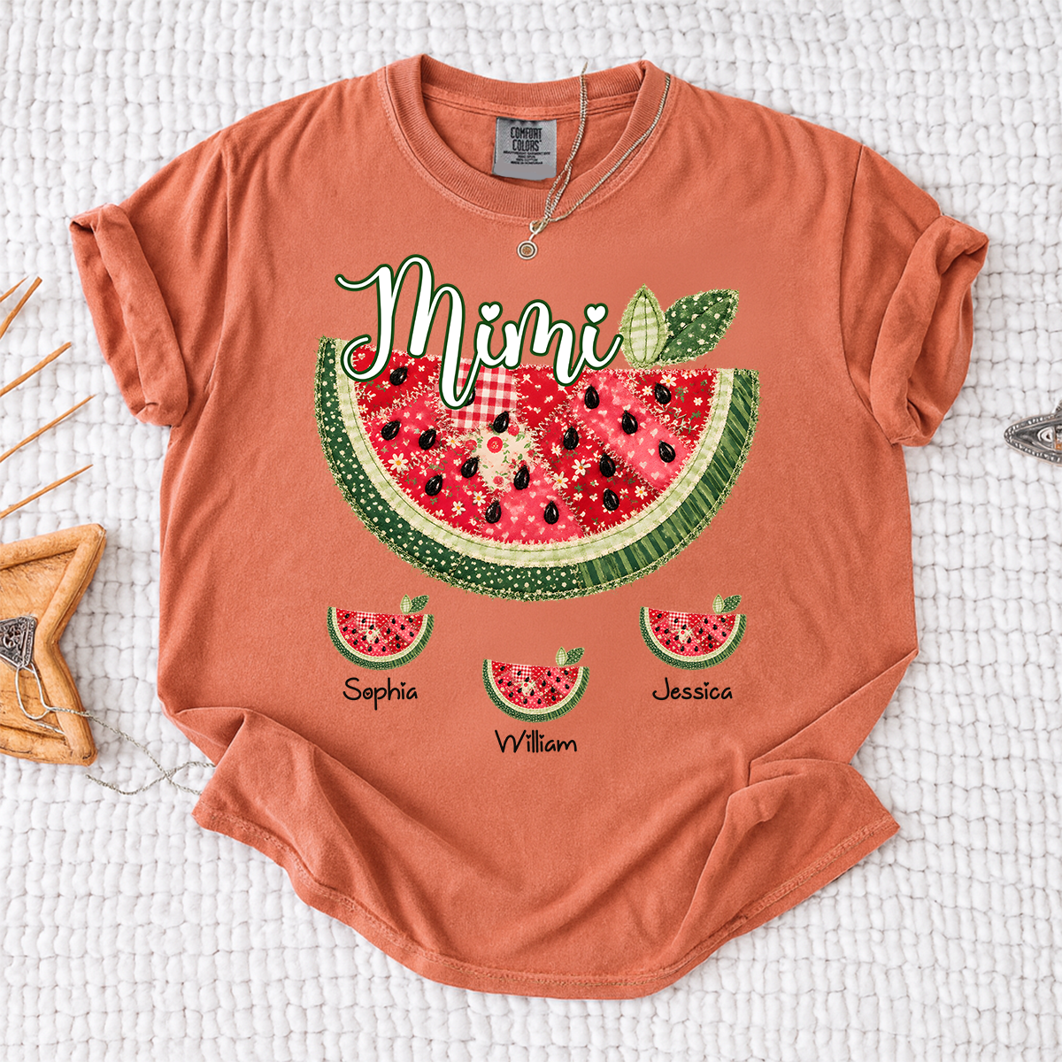 Comfort Colors Custom Mimi Watermelon Patchwork Tee, Personalized Grandma Shirt with Kids Names, Summer Vacation Family Gift for Women