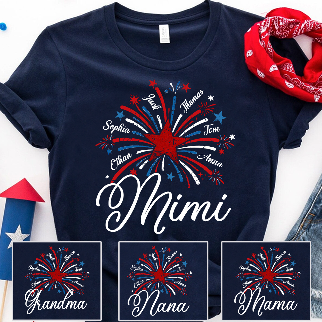 Mimi USA Fireworks Shirt, Custom Family Names for 4th of July or Independence Day Celebration