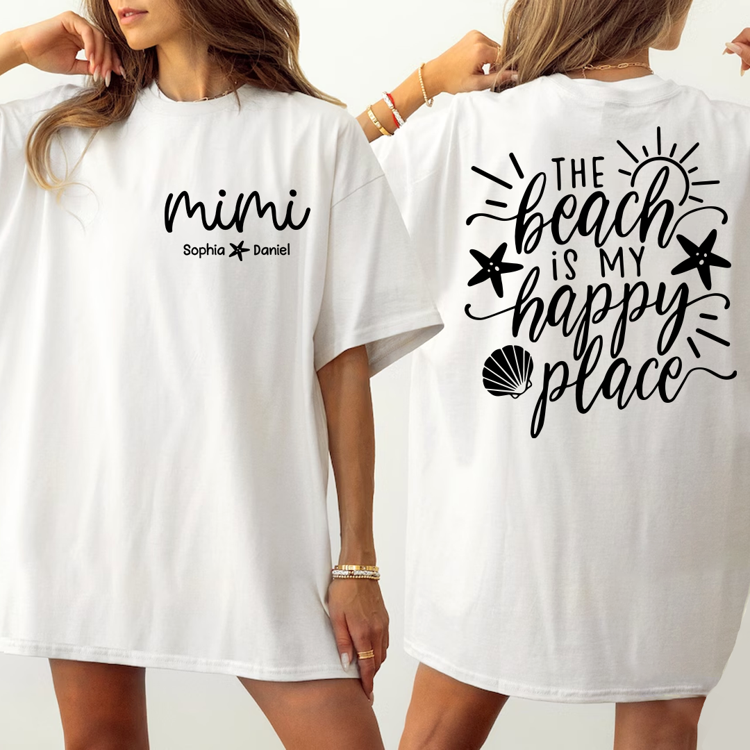 Personalized Mimi The Beach Is My Happy Place Shirt, Custom Grandkids Names T-Shirt, Beach Lover Grandma Gift, Summer Vacation Tee