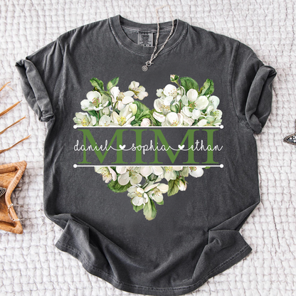 Comfort Custom Mimi T Shirt with Grandkids Names, White Floral Heart Family Tee