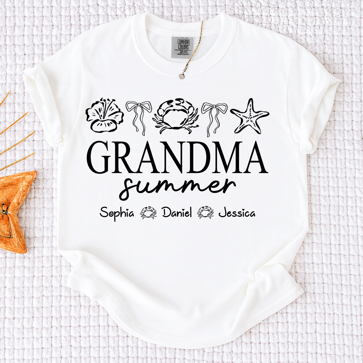 Comfort Colors Grandma Summer Beach T-Shirt, Personalized Ocean Fish Graphic Tee, Custom Kids Names Coastal Grandma Apparel