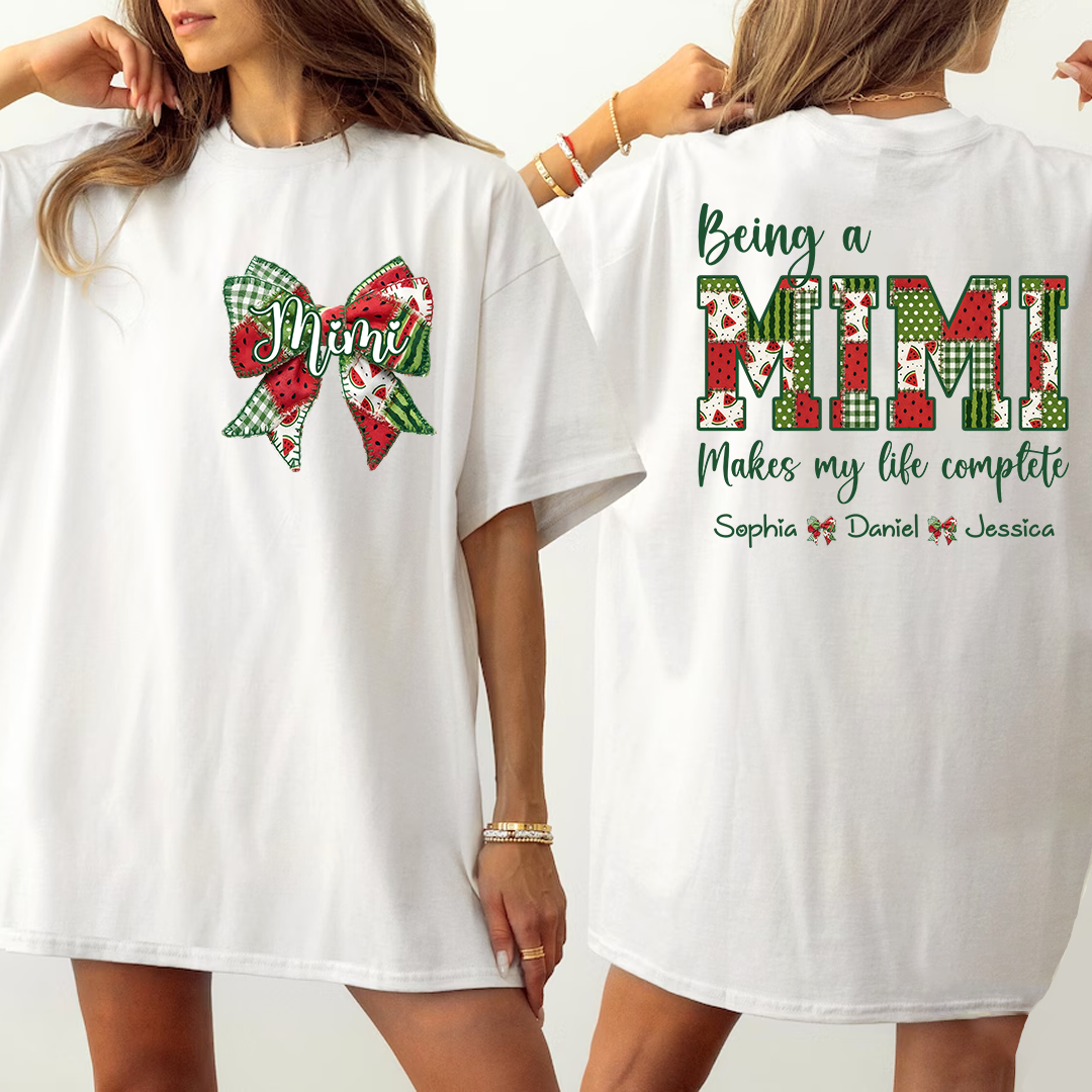 Personalized Mimi Watermelon Bow Shirt, Being a Mimi Makes My Life Complete T Shirt, Custom Grandma Gift with Grandkids Names