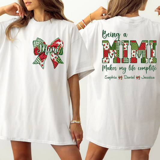 Personalized Mimi Watermelon Bow Shirt, Being a Mimi Makes My Life Complete T Shirt, Custom Grandma Gift with Grandkids Names