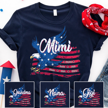 Custom NameEagle T Shirt, Personalized Grandkids Names American Flag Eagle Shirt 4th of July Gift for Grandma
