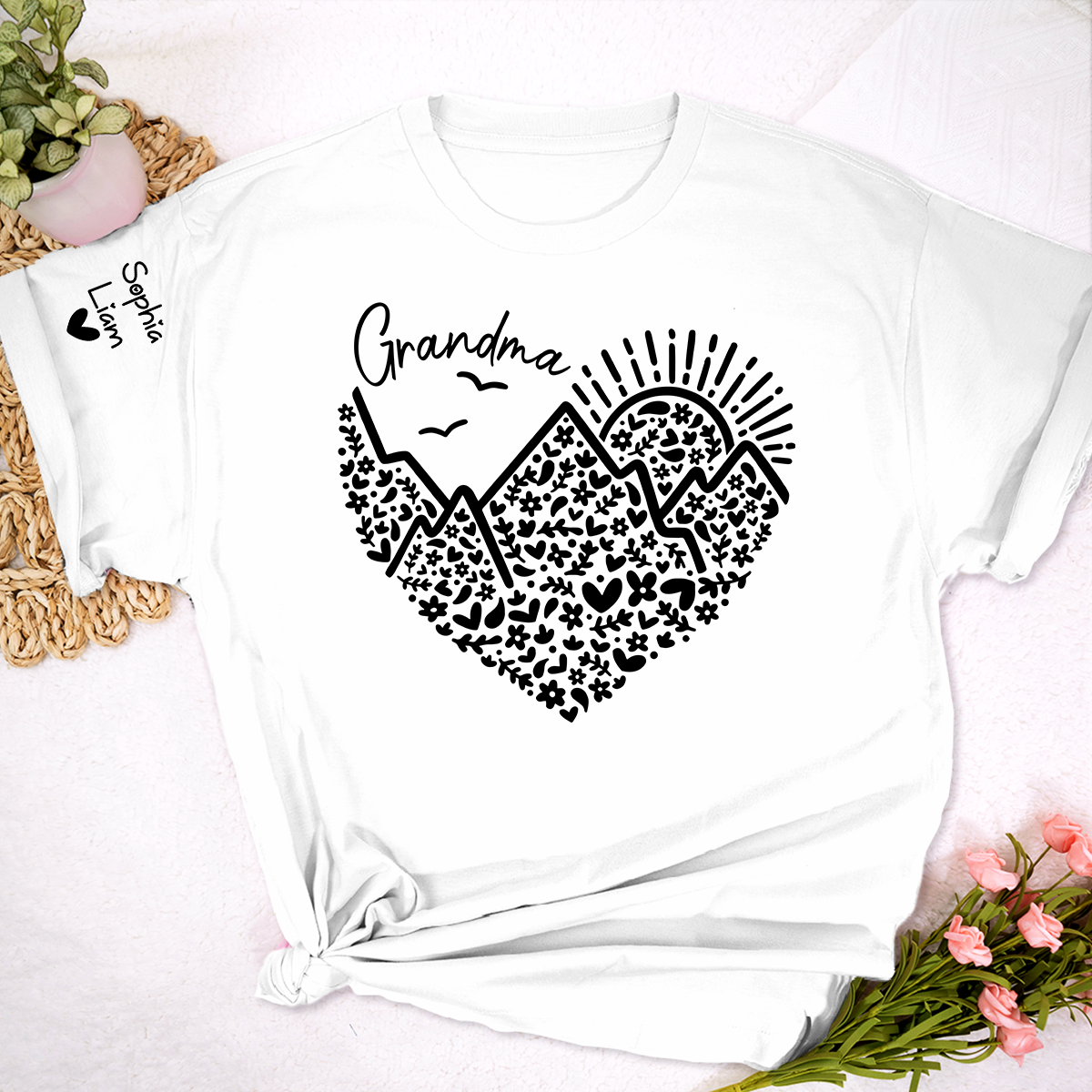 Personalized Grandma Mountain Heart Shirt, Custom Grandma T Shirt with Kids Names on Sleeve, Floral Family Gift for Women