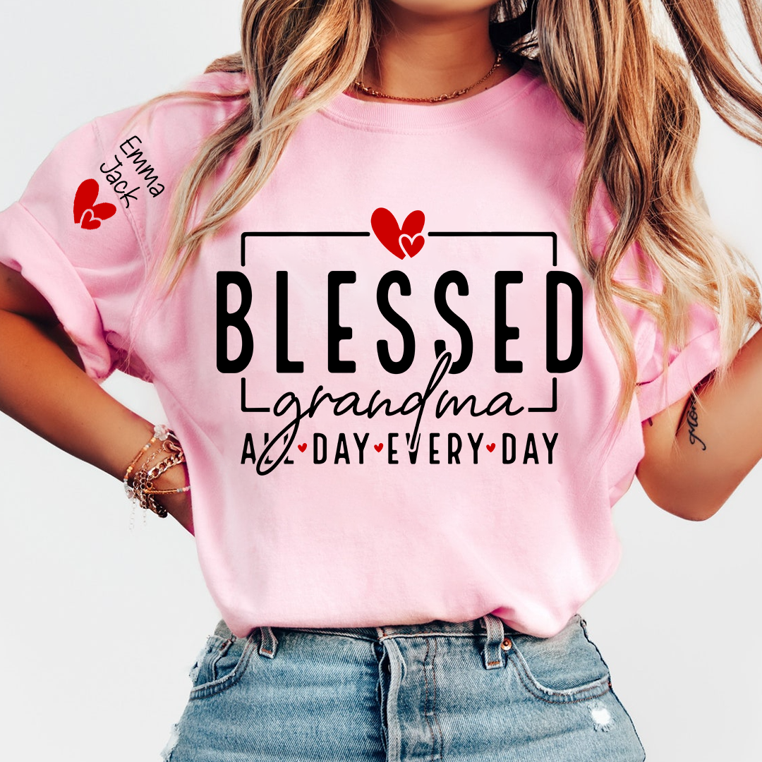 Blessed Grandma All Day Every Day Shirt, Personalized Family T Shirt with Grandkids Names and Heart Design