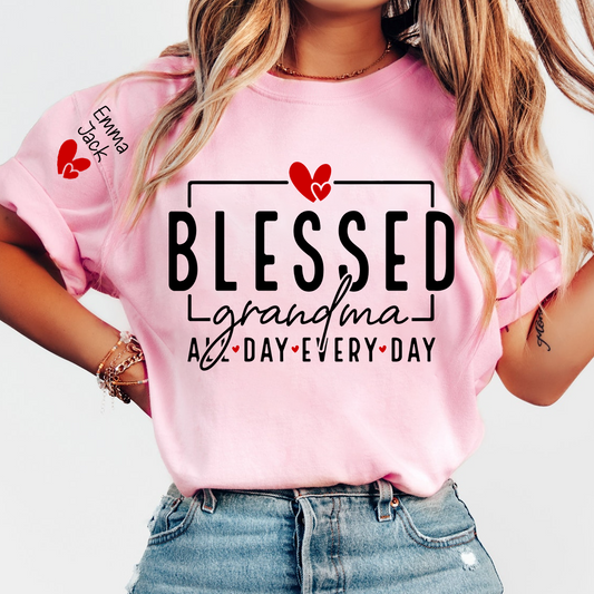 Blessed Grandma All Day Every Day Shirt, Personalized Family T Shirt with Grandkids Names and Heart Design