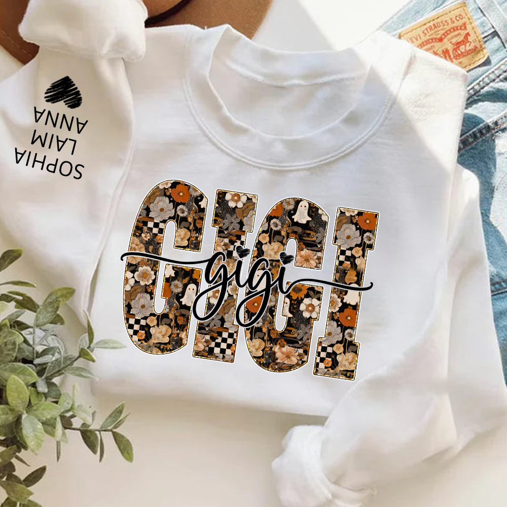 Personalized Gigi Spooky Halloween Sweatshirt with kids’ names on sleeves, Give Family