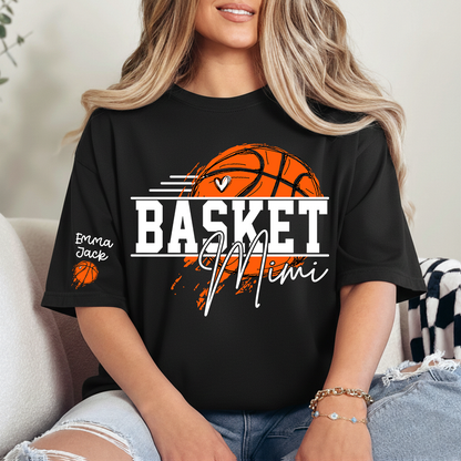 Basketball Mimi Shirt, Custom Grandkids Names with Basketball Hoop Design Family Tee