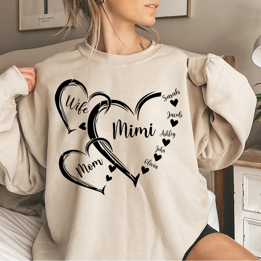 Personalized Wife Mom Mimi Heart Sweatshirt, Grandma Shirt, Grandma Heart with kidnames, Custom Grandma with kidnames