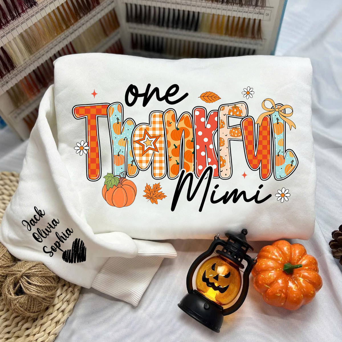 Personalized One Thankful Mimi Sweatshirt – Fall Pumpkin Design with Grandkids’ Names on Sleeve