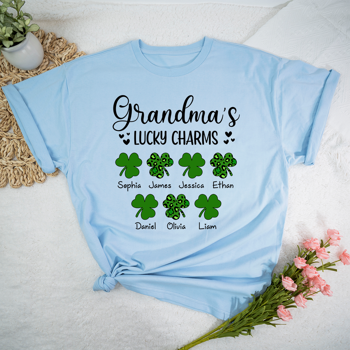 Grandma’s Lucky Charms Shirt, Personalized Grandma T Shirt with Grandkids Names, St Patrick’s Day Shamrock Family Tee for Grandma