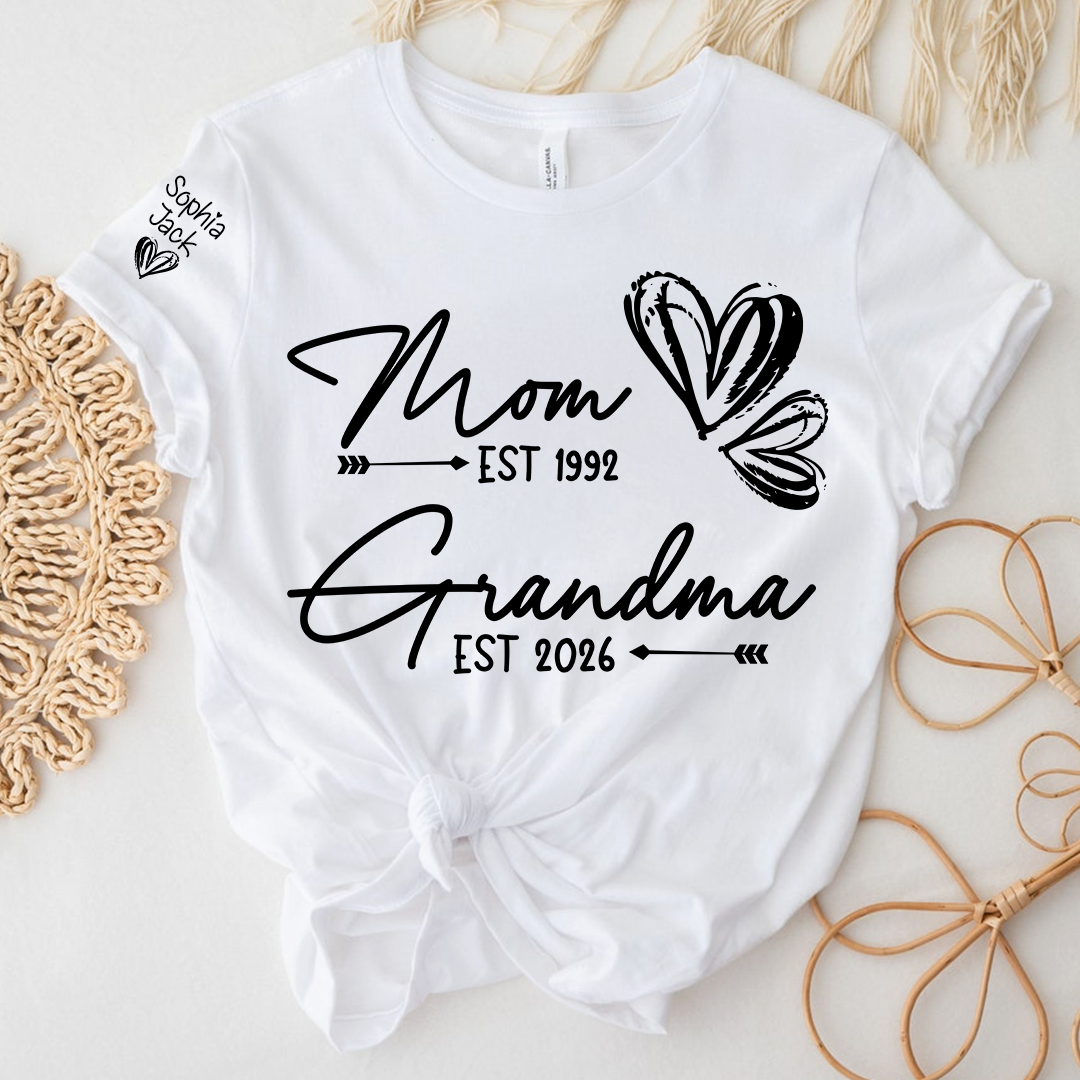 Personalized Heart T-shirt For Mom And Grandma, Founding Year With Name, Family Gift