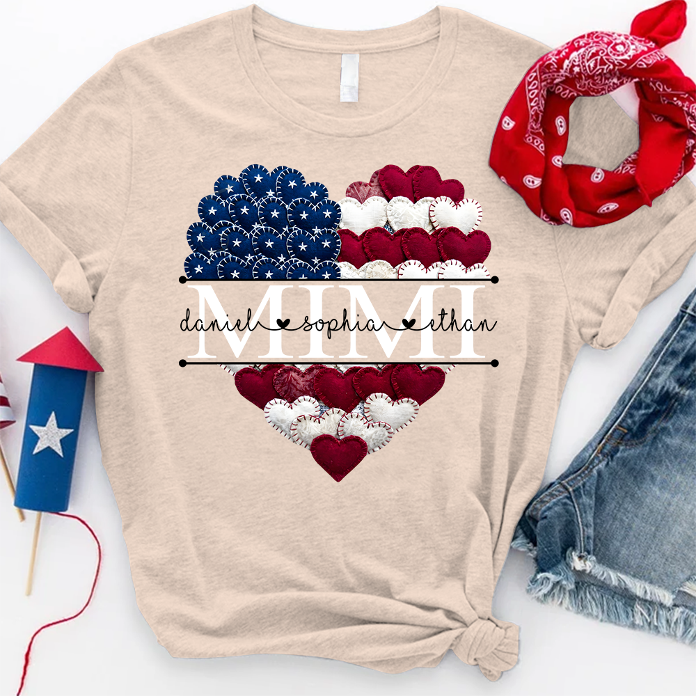Personalized Mimi T Shirt, American Flag Heart Design, Custom Family Names Shirt