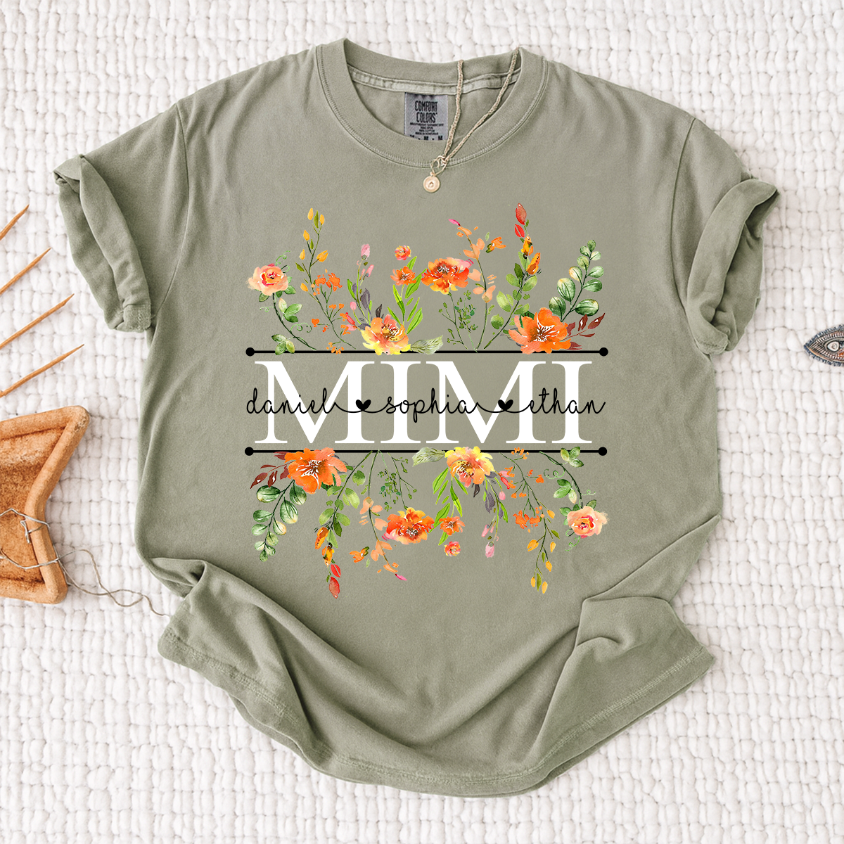 Comfort Colors Custom Mimi T-Shirt with Orange Wildflowers – Personalized Grandmother Gift Featuring Kids Names