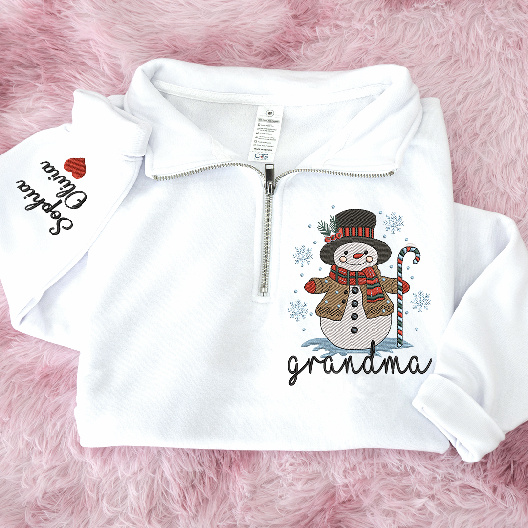 Personalized Grandma Christmas Quarter Zip, Custom Embroidered Snowman Sweater