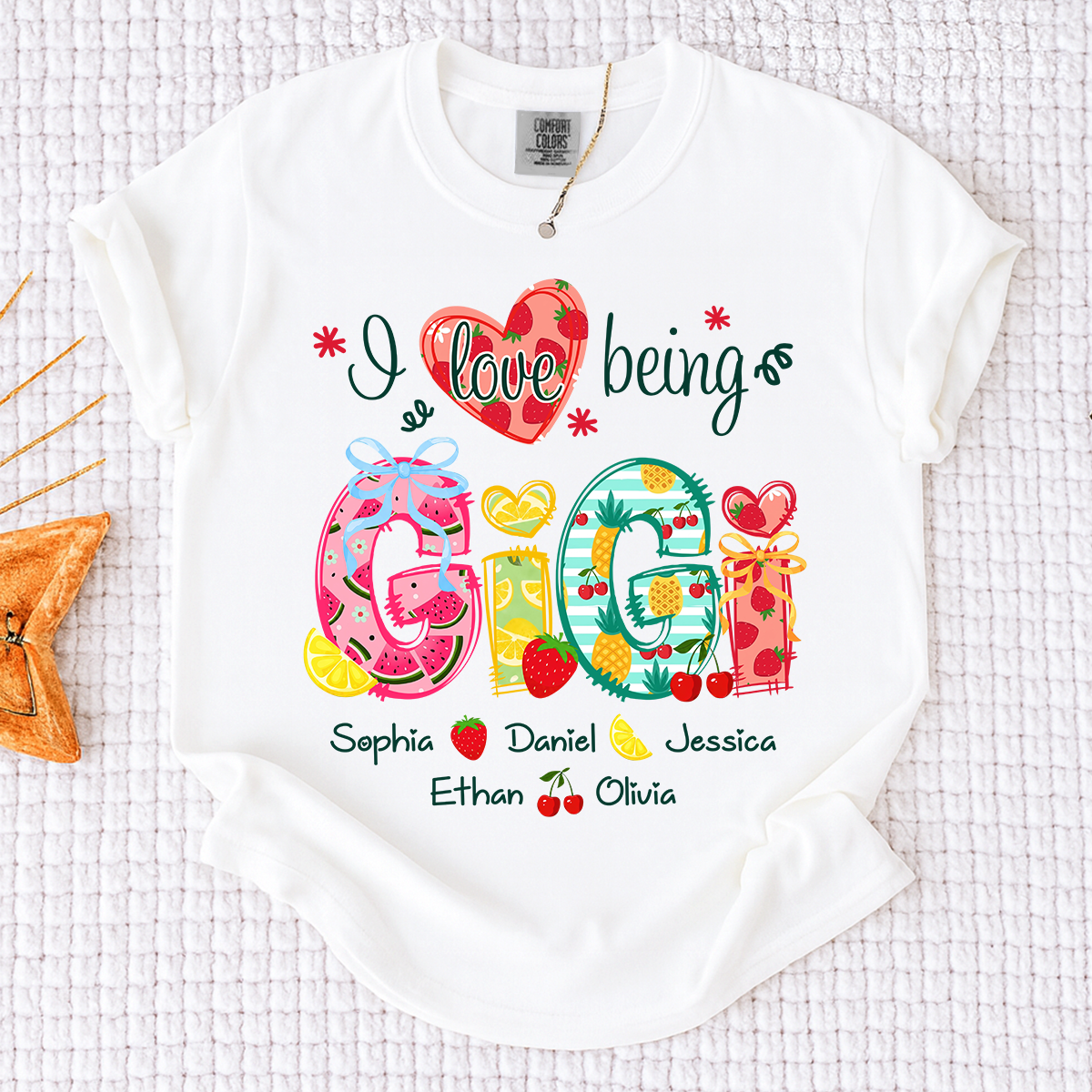 Comfort Colors I Love Being Gigi Shirt with Names, Personalized Fruit Pattern T-Shirt for Grandma, Summer Family Apparel