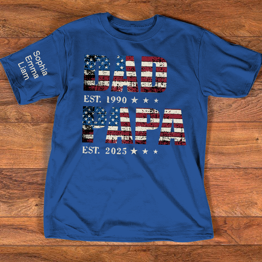 Personalized Dad Papa EST Shirt With Custom Names, Patriotic American Flag Family T Shirt