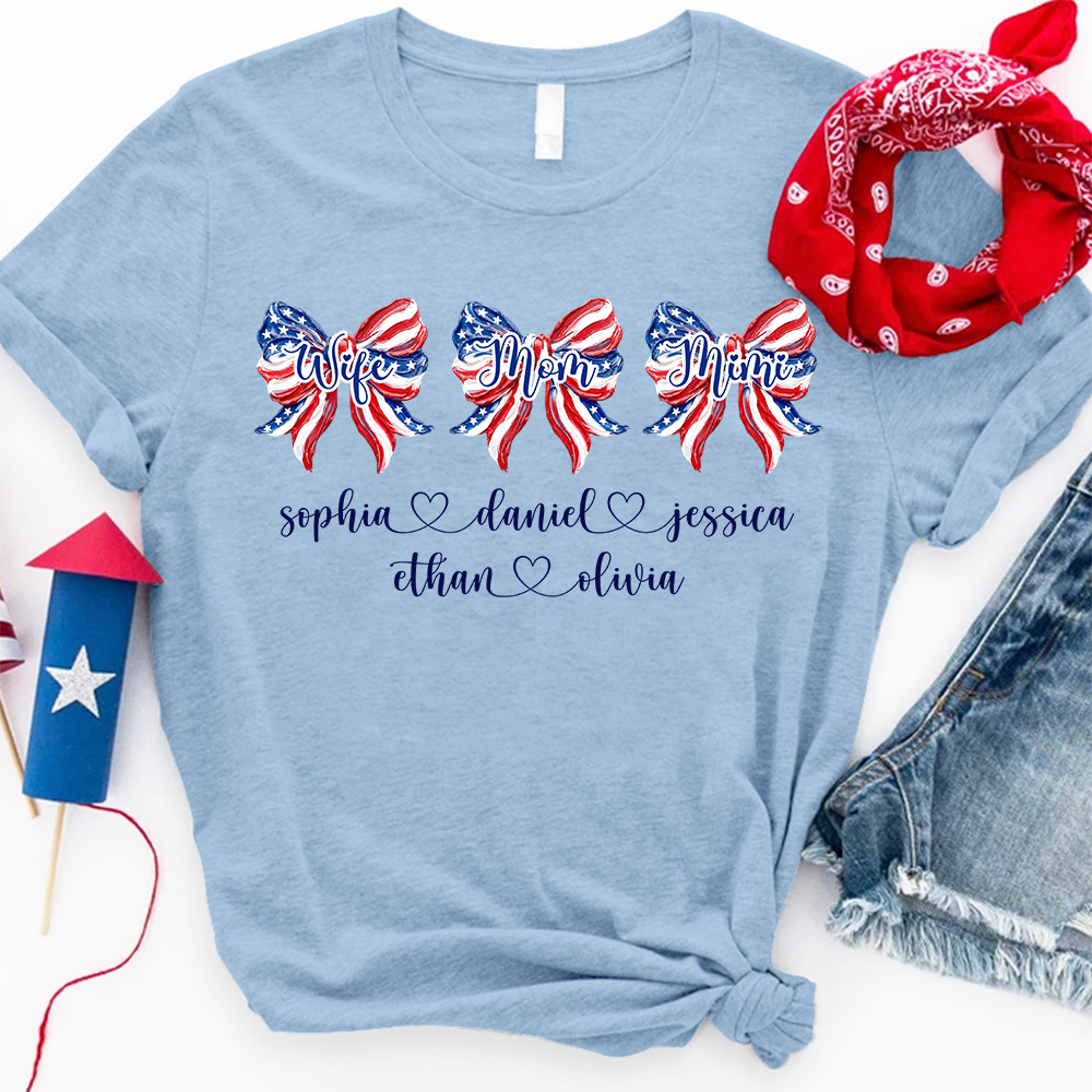 Custom Wife Mom Mimi Grandma Shirt, Patriotic Bow Tee with Family Names, Personalized Fourth of July Gift for Women
