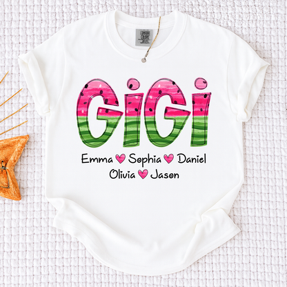 Comfort Colors Custom Gigi Grandma Shirt, Personalized Kids Names Watermelon Graphic Tee, Cute Summer Gift for Nana Mimi Grammy
