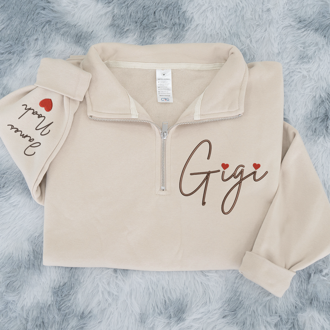 Gigi Heart Embroidered Quarter Zip, Personalized Name Sweater for Grandma