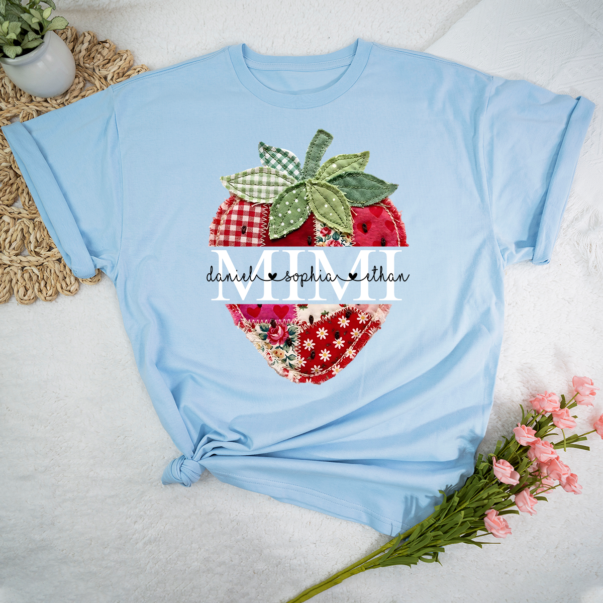 Personalized Mimi Shirt with Kids Names, Vintage Strawberry Patchwork Design Tee, Cute Grandma Gift for Summer