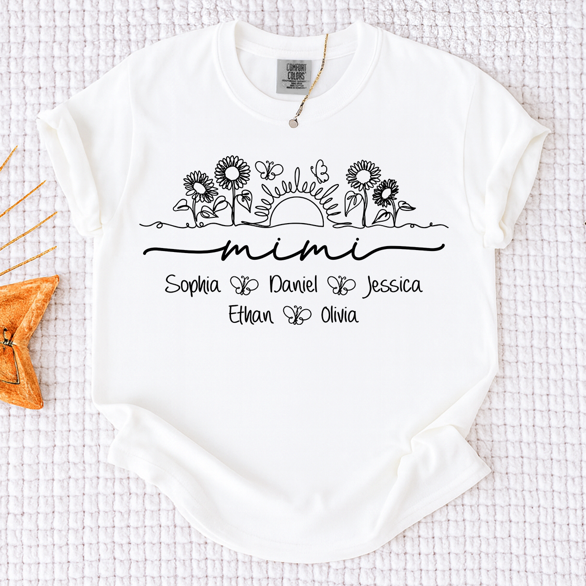Comfort Colors Custom Mimi T Shirt with Grandchildren Names, Sunflower Garden Graphic Tee, Personalized Family Apparel for Women