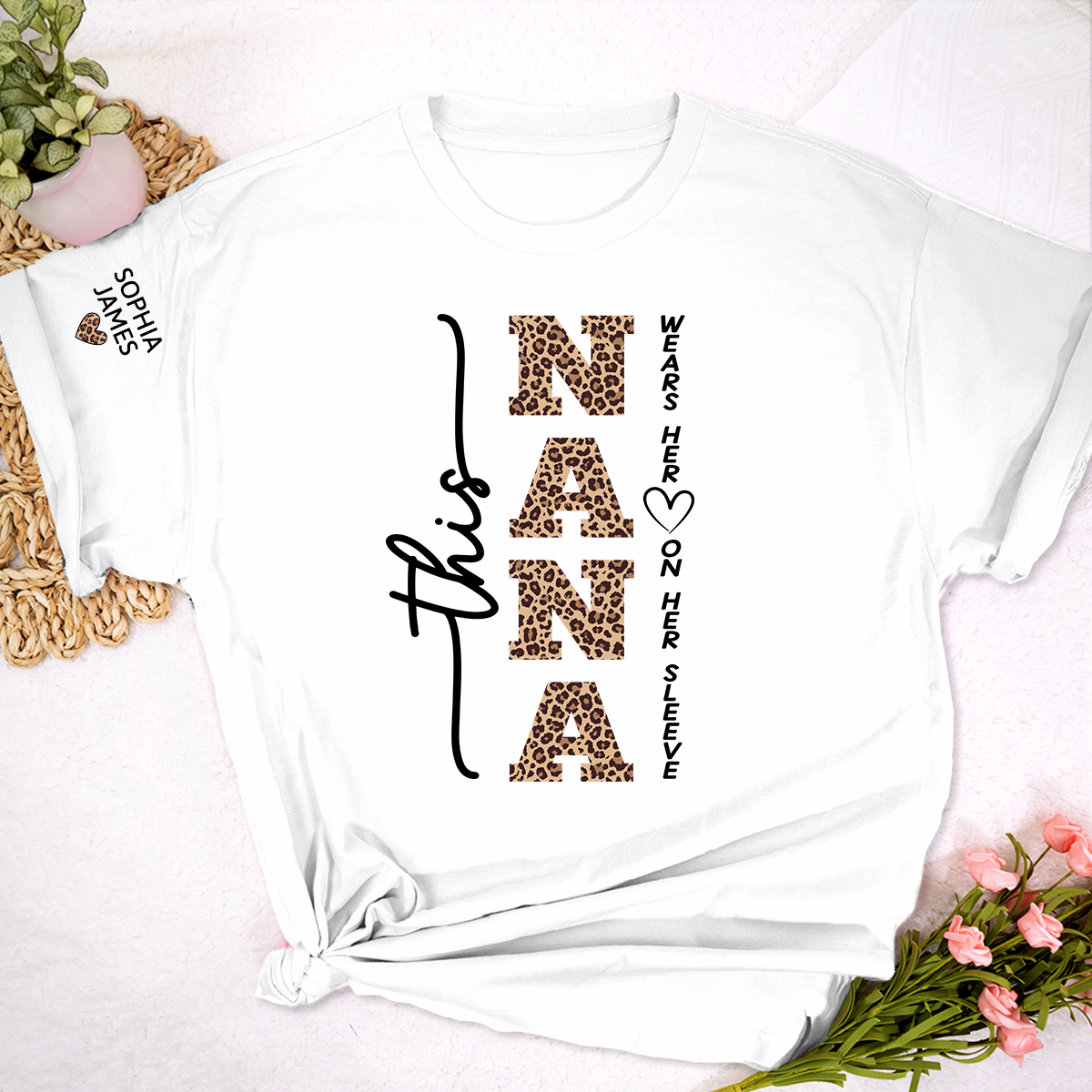Personalized Nana Leopard Print Shirt, Custom This Nana Wears Her Heart on Her Sleeve T-Shirt with Kids Names